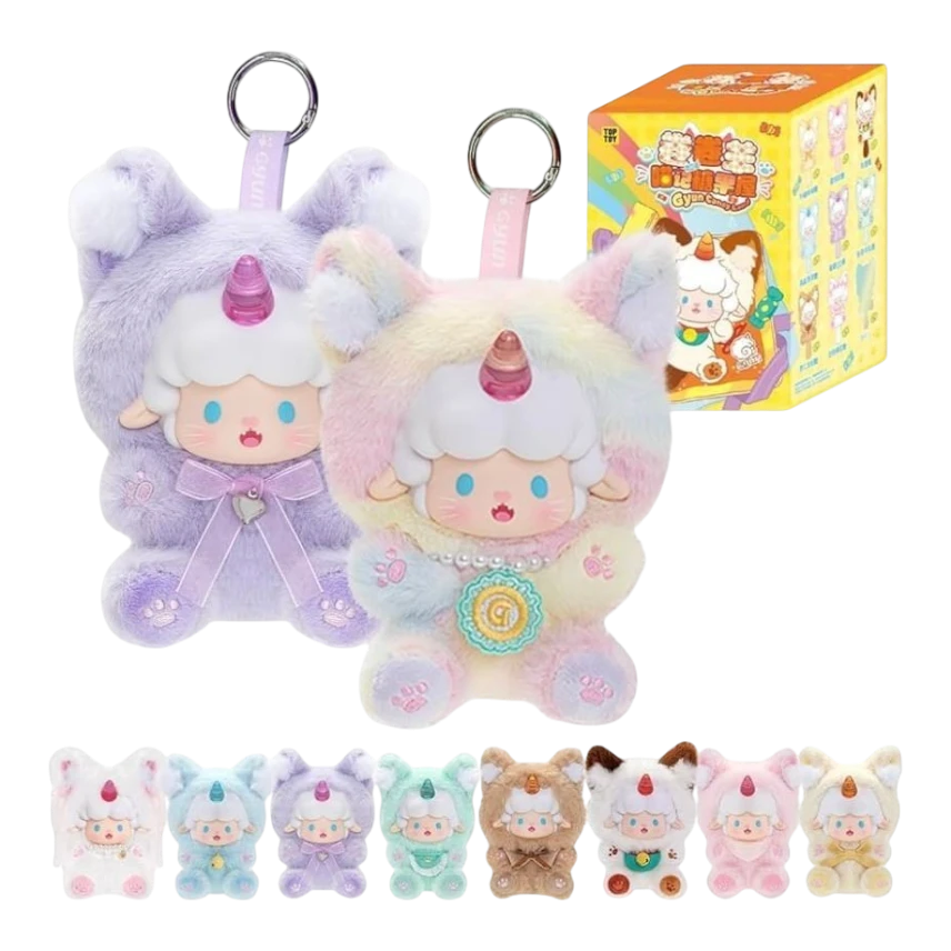 HypeSelection TopToy Gyun Candy Land Series blind box collectible plush toy with unicorn horn and pastel colors.