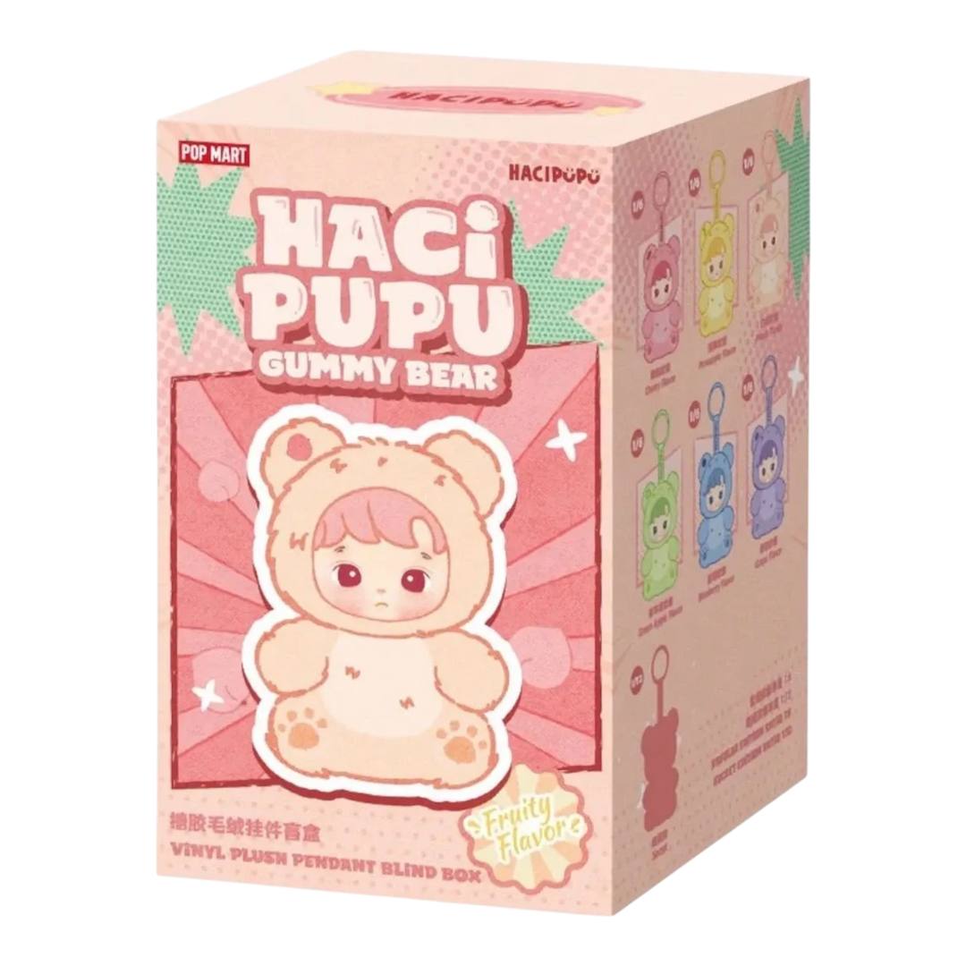 HypeSelection Pop Mart HACIPUPU Gummy Bear Series vinyl plush pendant blind box, featuring a cute character in a bear costume with pink hair.
