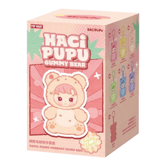 HypeSelection Pop Mart HACIPUPU Gummy Bear Series vinyl plush pendant blind box, featuring a cute character in a bear costume with pink hair.