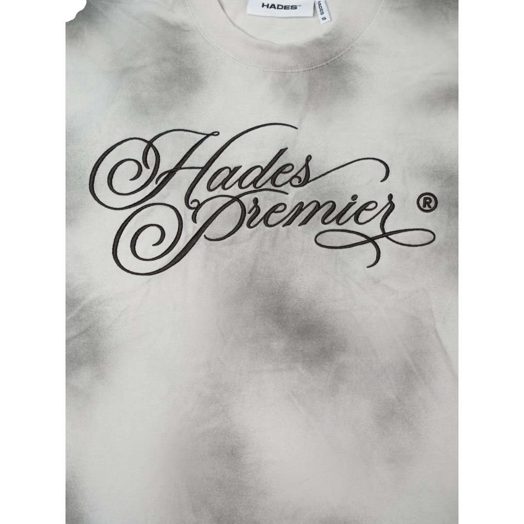 HypeSelection HADES Ash Cloud Tee: smoke grey tie-dye cotton t-shirt with black "Hades Premier" graphic print.
