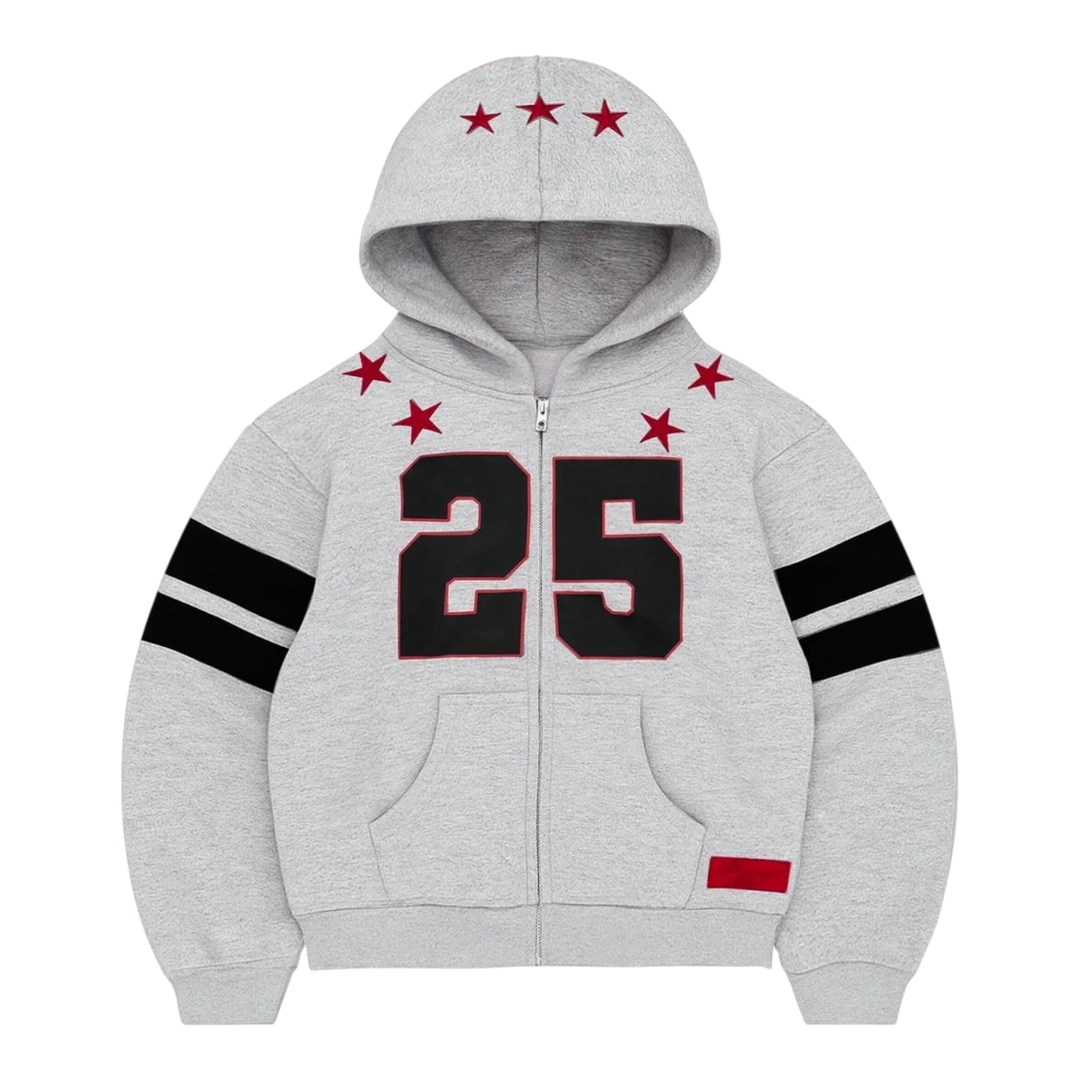 HypeSelection Heather Grey zip-up hoodie with black number 25 and red star graphics on chest and hood. Black stripes on sleeves.