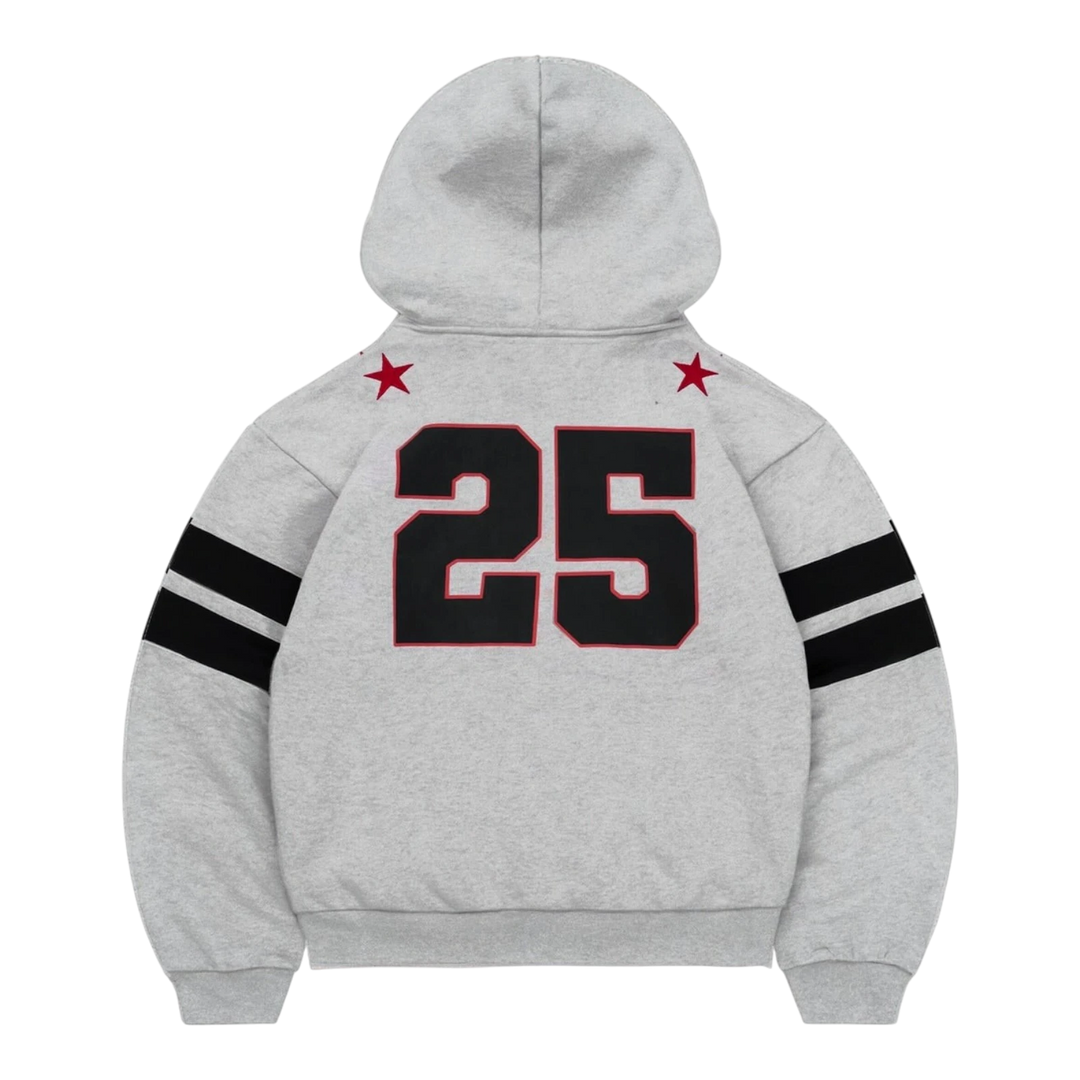 HypeSelection Heather Grey cotton fleece zip hoodie with black stripes on sleeves and red stars above a large black &