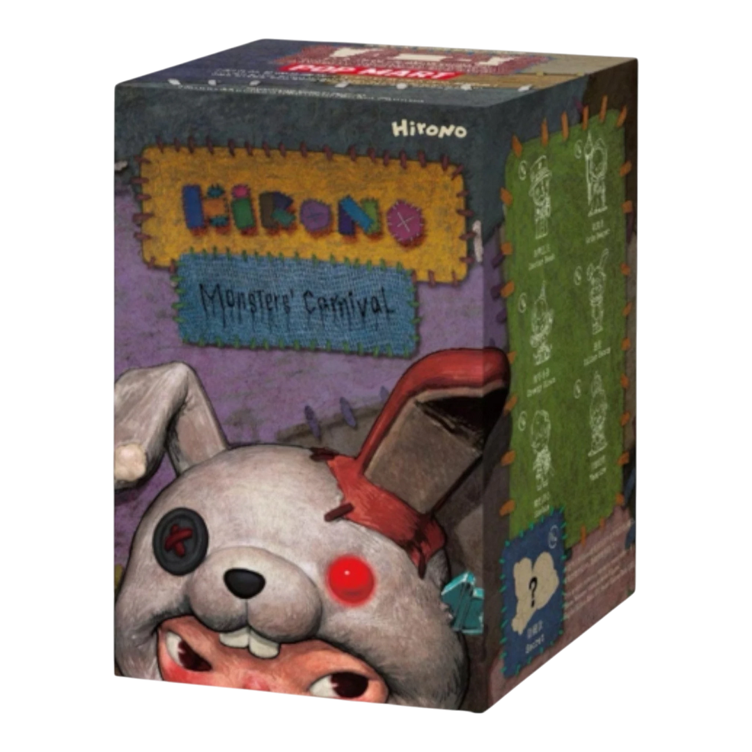 HypeSelection Pop Mart Hirono Monsters' Carnival Series blind box featuring a grey bunny character with red and black button eyes and a bloody ear.