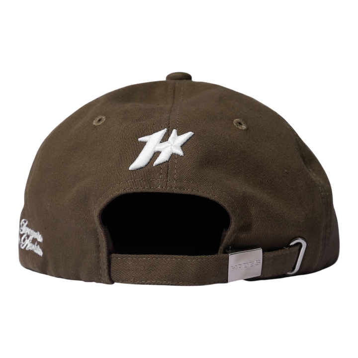HypeSelection brown Jean Khaki snapback cap with white embroidered HADES logo and metal adjustable closure.