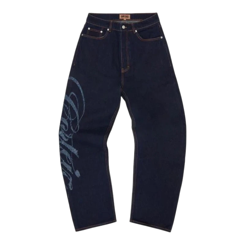 HypeSelection Indigo denim baggy jeans with frayed hems and a blue script logo on the left leg.