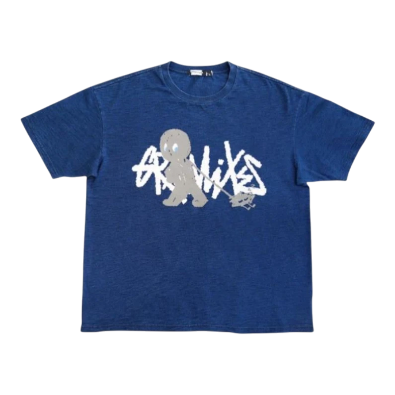 HypeSelection Grawlixes indigo dyed slub cotton t-shirt with graphic print. Relaxed fit, crew neck, short sleeves.