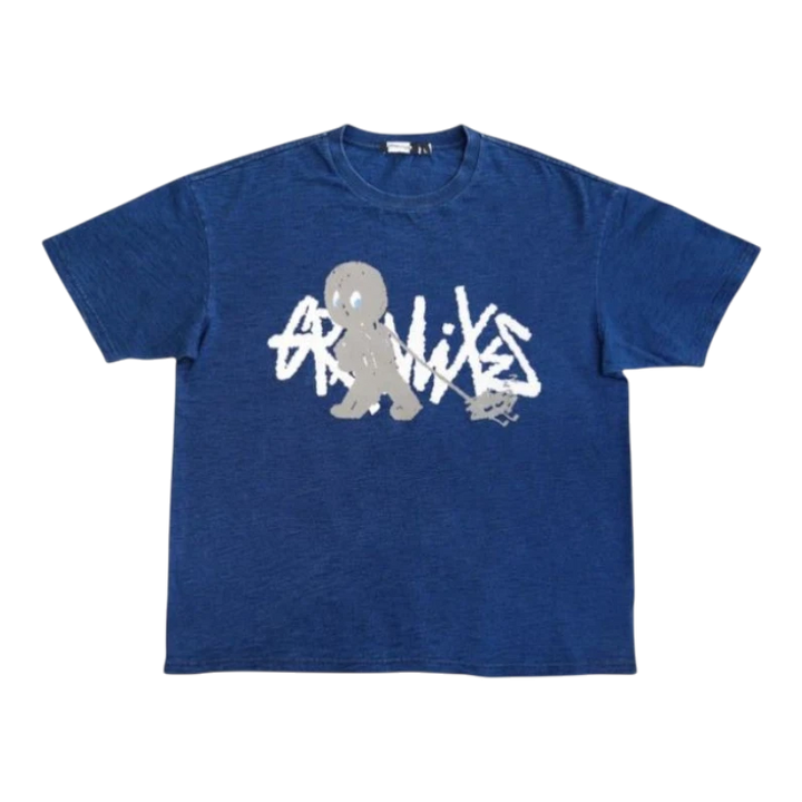 HypeSelection Grawlixes indigo dyed slub cotton t-shirt with graphic print. Relaxed fit, crew neck, short sleeves.
