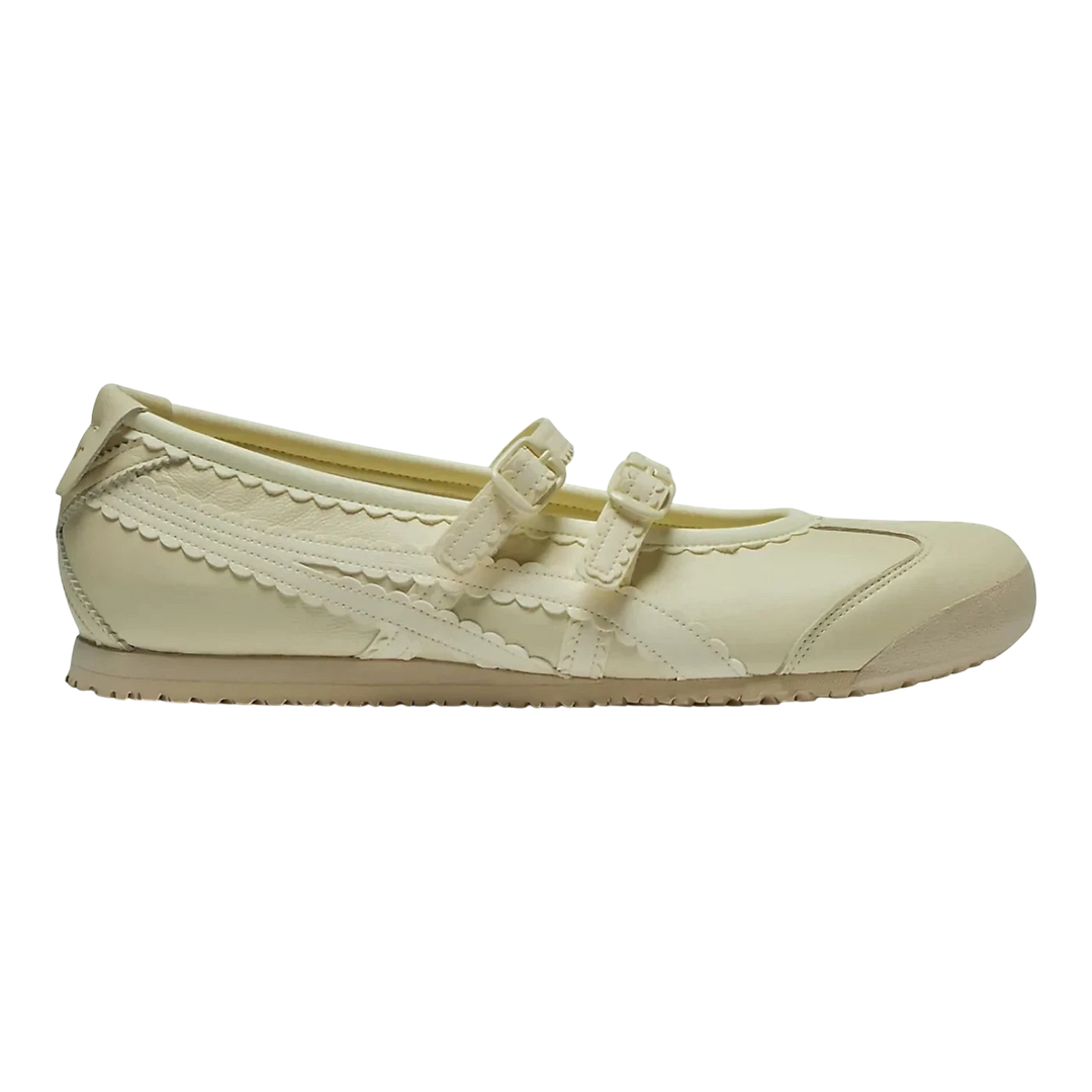 HypeSelection women's ivory cream Onitsuka Tiger Mexico 66 Ballerina TGRS slip-on shoe with double straps and scalloped trim.
