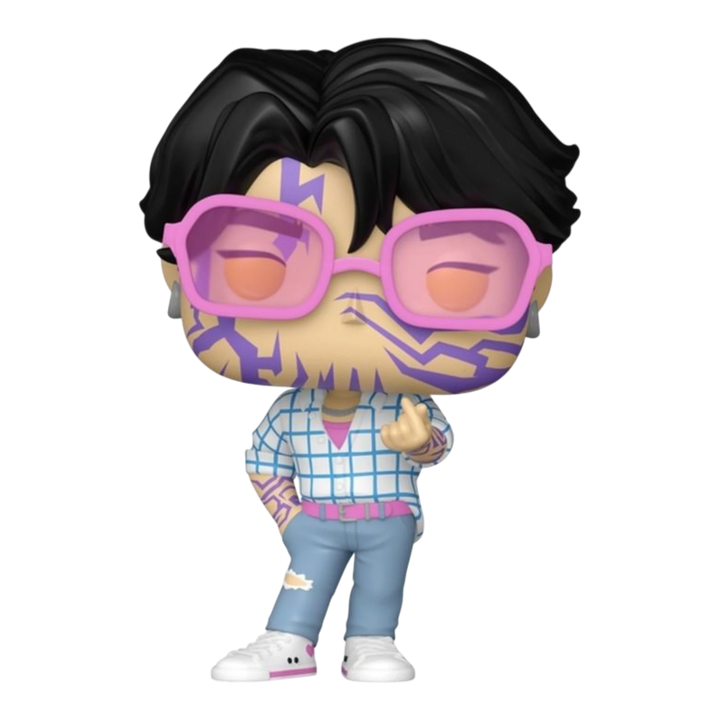 HypeSelection Funko Pop Animation Jinu Chase vinyl figure with demon patterns, pink glasses, and plaid shirt.