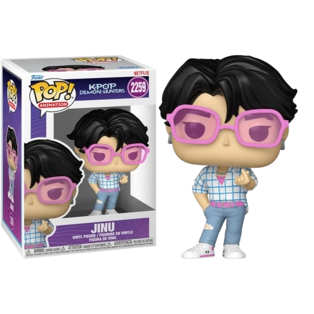 HypeSelection Funko Pop Animation Jinu figure from KPOP Demon Hunters wearing pink glasses and a plaid shirt