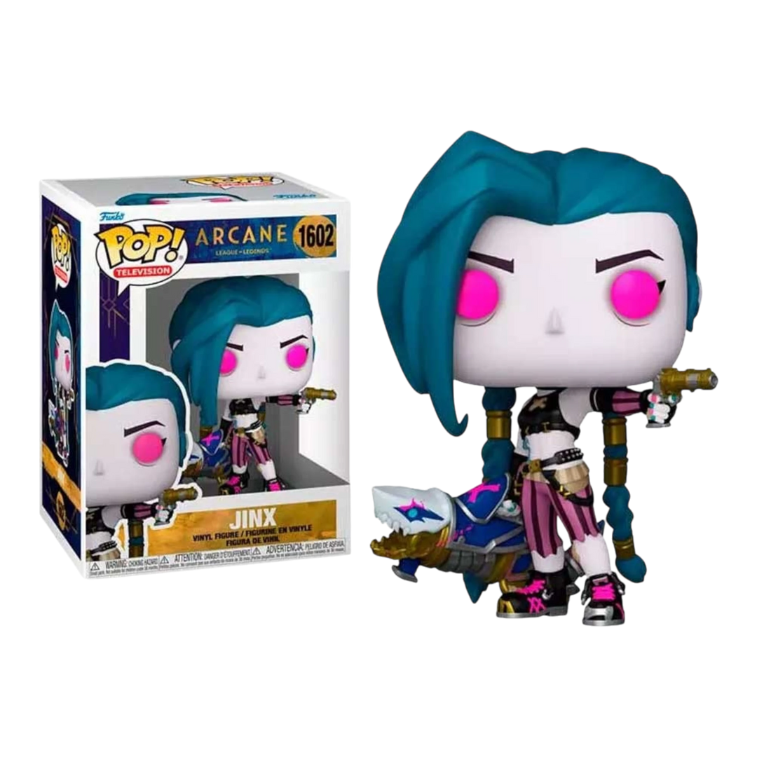 HypeSelection Funko Pop Jinx figure from Arcane with glowing pink eyes, blue hair, and shark missile launcher.