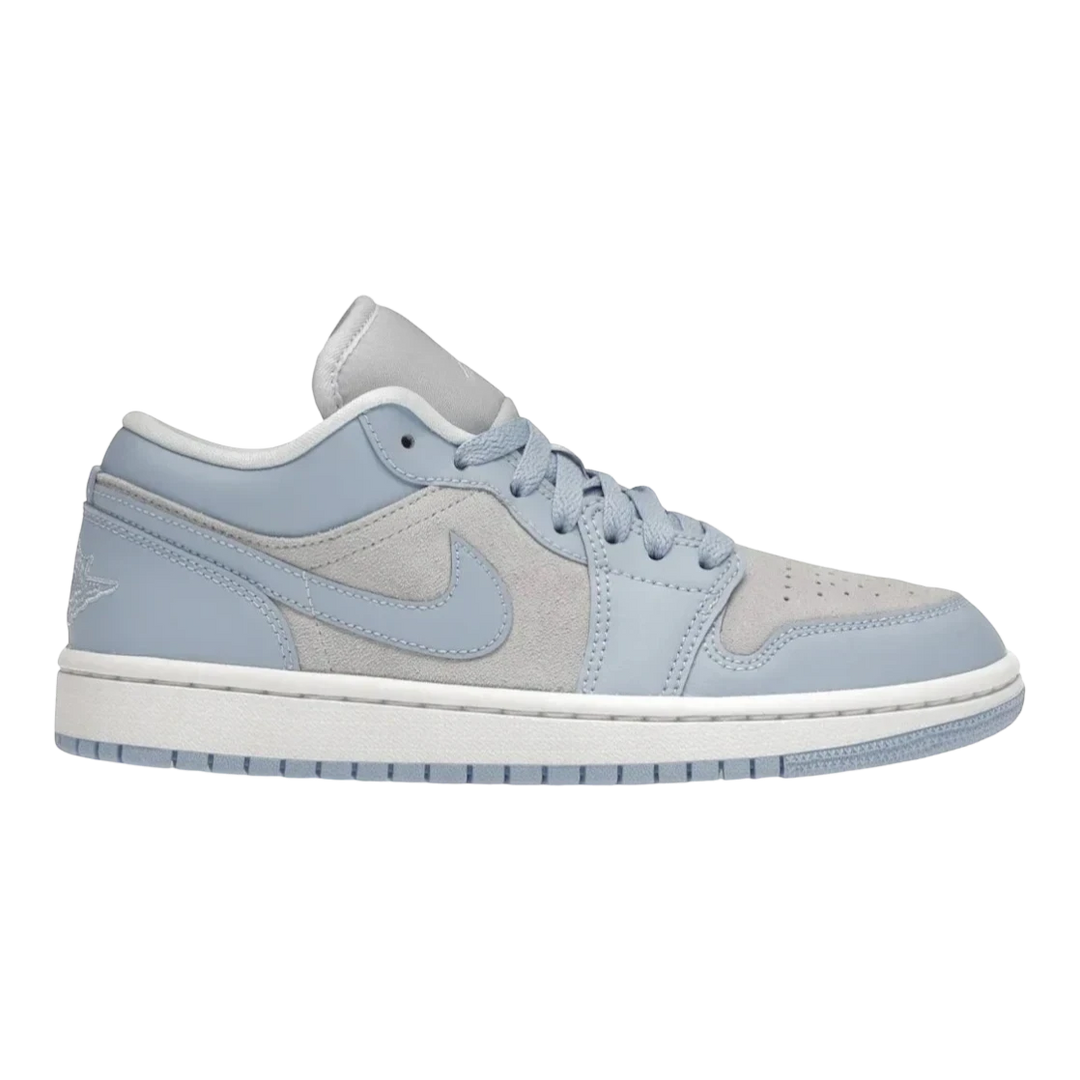 HypeSelection Women's Jordan 1 Low in Football Grey and Aluminum blue. Suede, nubuck, and leather upper with Air cushioning.