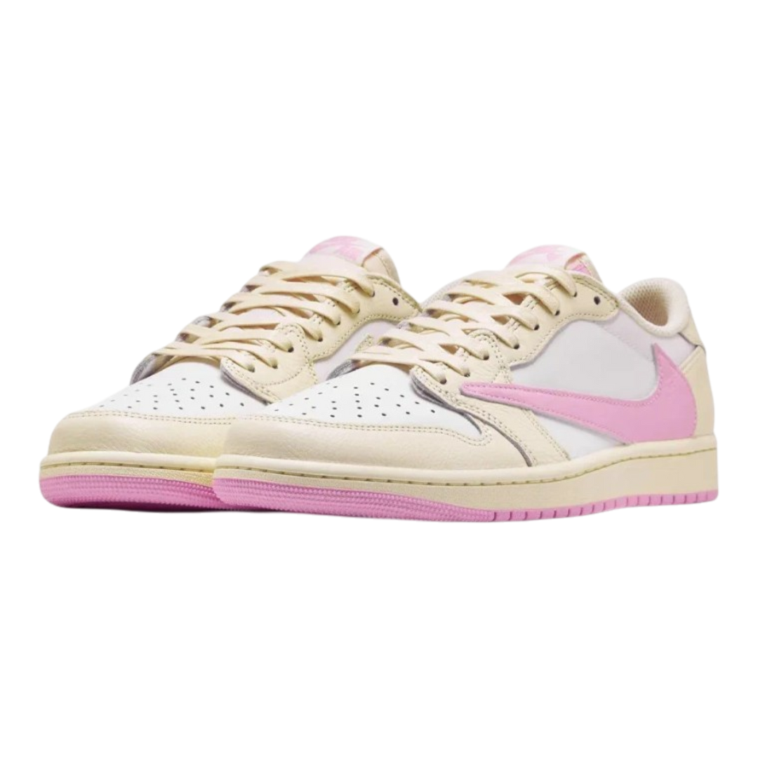 HypeSelection Jordan 1 Retro Low OG SP Travis Scott Shy Pink sneakers with sail and pink leather and textile upper.