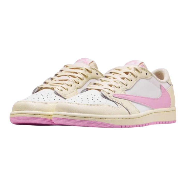 HypeSelection Jordan 1 Retro Low OG SP Travis Scott Shy Pink sneakers with sail and pink leather and textile upper.