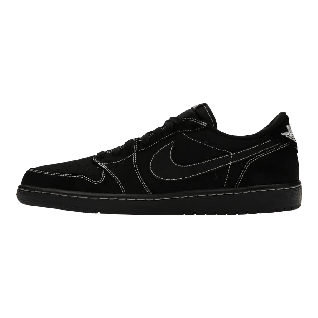 HypeSelection Jordan 1 Retro Low OG SP Travis Scott Black Phantom sneakers with black nubuck and suede upper, white contrast stitching, and reverse Swoosh.