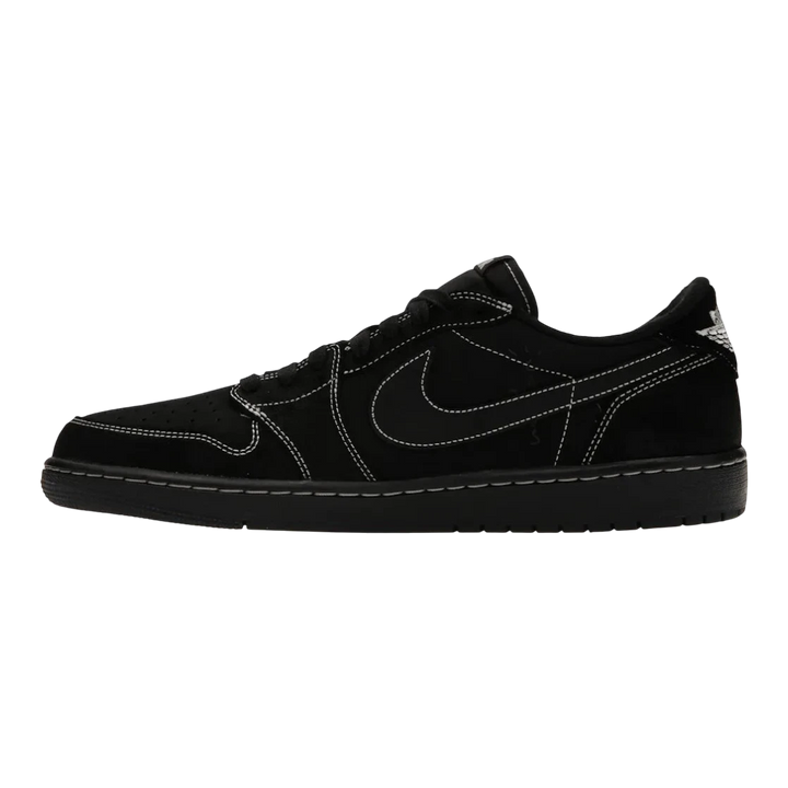 HypeSelection Jordan 1 Retro Low OG SP Travis Scott Black Phantom sneakers with black nubuck and suede upper, white contrast stitching, and reverse Swoosh.