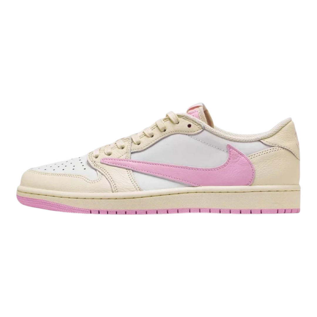 HypeSelection Jordan 1 Retro Low OG SP Travis Scott Shy Pink sneakers with reverse pink Swoosh and sail leather upper