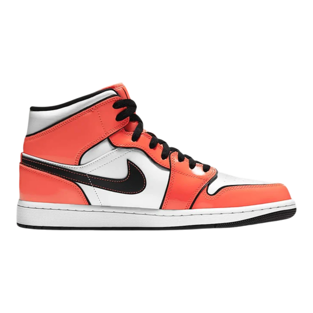 HypeSelection Jordan 1 Mid Turf Orange GS sneakers with white leather base, turf orange overlays, and black Swoosh.