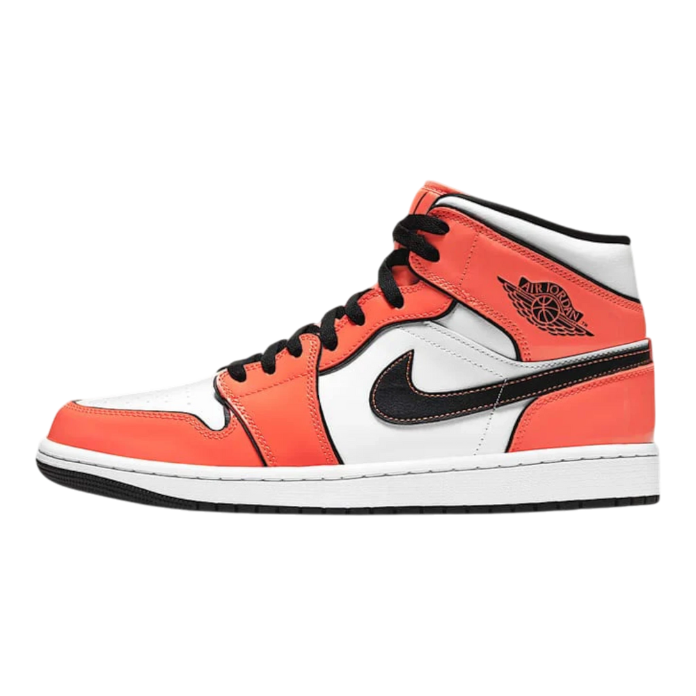 HypeSelection Jordan 1 Mid Turf Orange GS sneakers with white leather base, turf orange overlays, and black Swoosh.