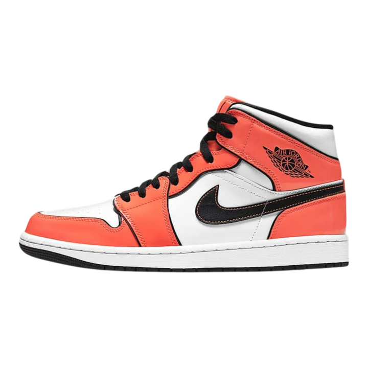 HypeSelection Jordan 1 Mid Turf Orange GS sneakers with white leather base, turf orange overlays, and black Swoosh.