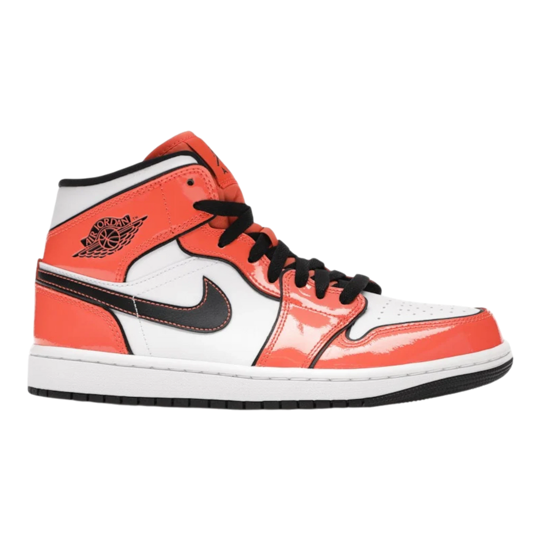 HypeSelection Jordan 1 Mid Turf Orange GS sneakers with white leather base, turf orange overlays, and black Swoosh.