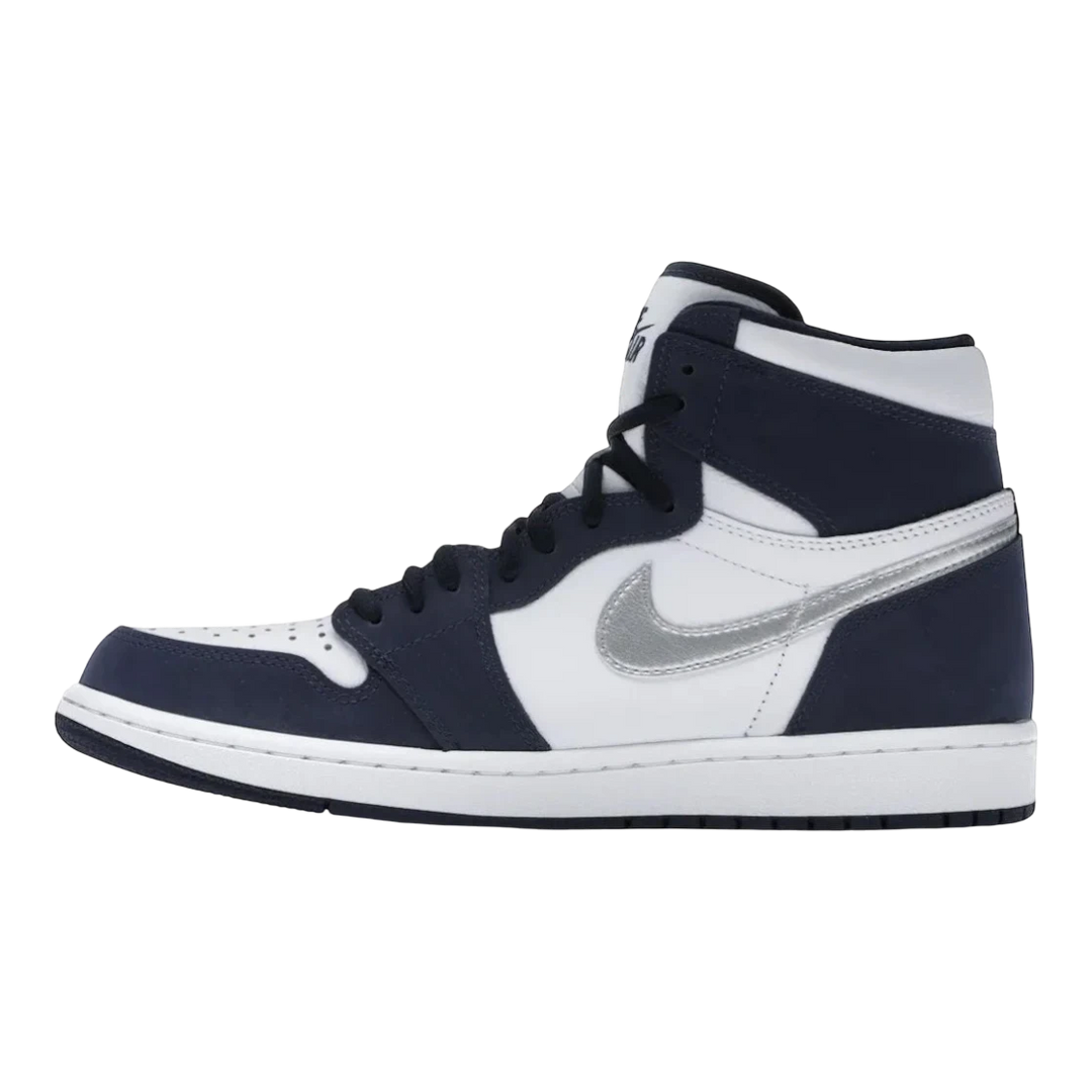 HypeSelection Jordan 1 Retro High CO.JP Midnight Navy sneakers with white leather and navy suede overlays, silver Swoosh.