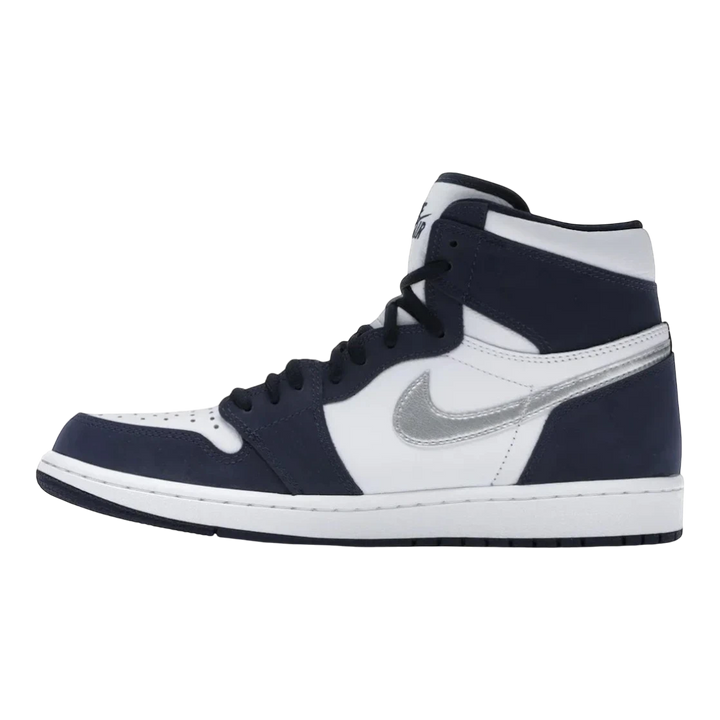 HypeSelection Jordan 1 Retro High CO.JP Midnight Navy sneakers with white leather and navy suede overlays, silver Swoosh.