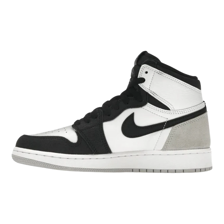 HypeSelection Jordan 1 Retro High OG GS in white, black, and grey with suede overlays and subtle coral accents.