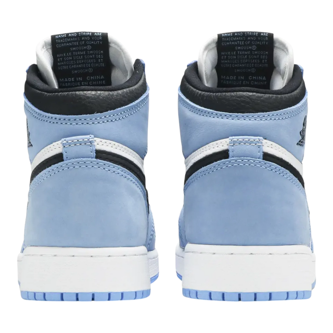 HypeSelection Jordan 1 Retro High OG University Blue GS sneakers with white leather and University Blue suede overlays, black accents, and white midsole.