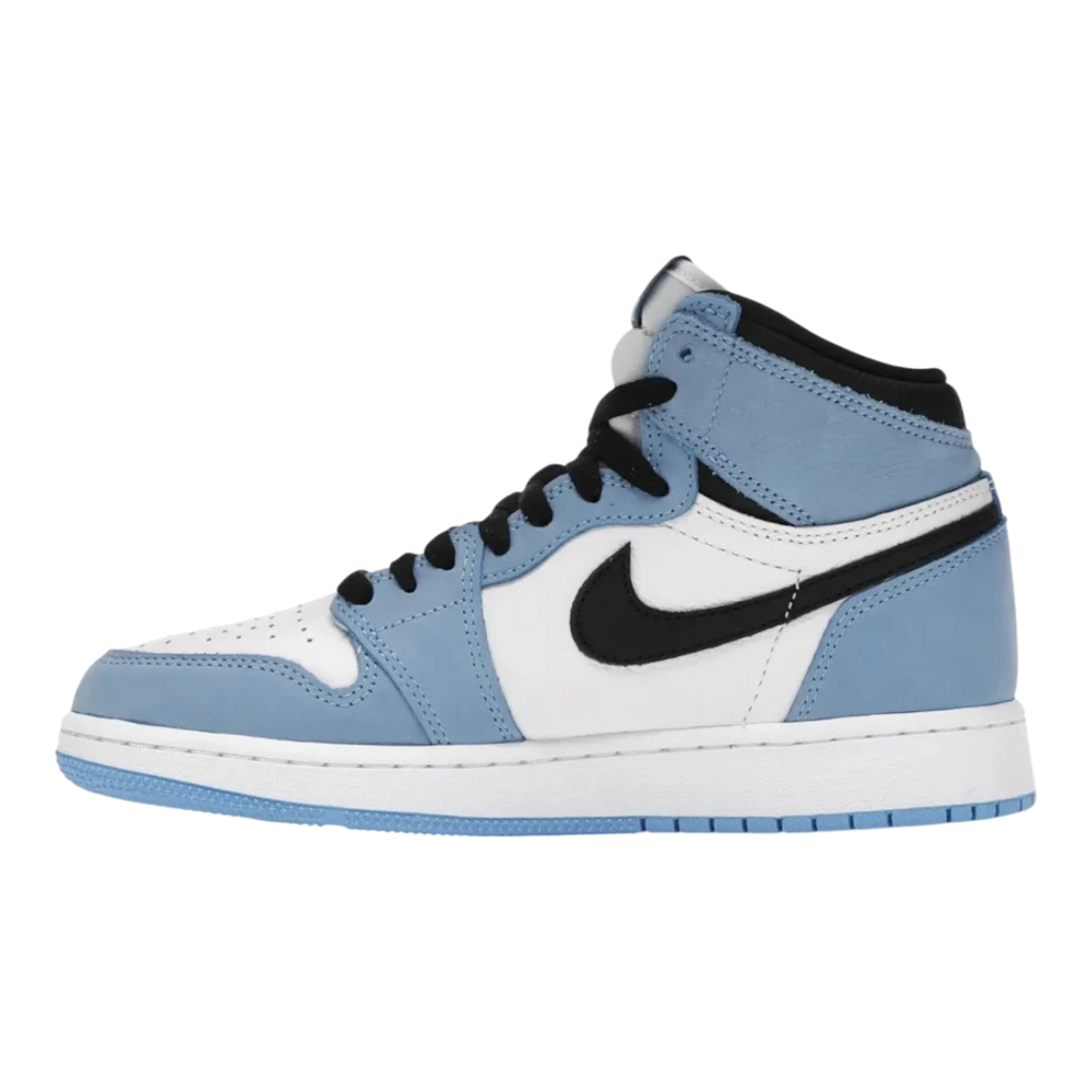 HypeSelection Jordan 1 Retro High OG University Blue GS sneakers with white leather and University Blue suede overlays.