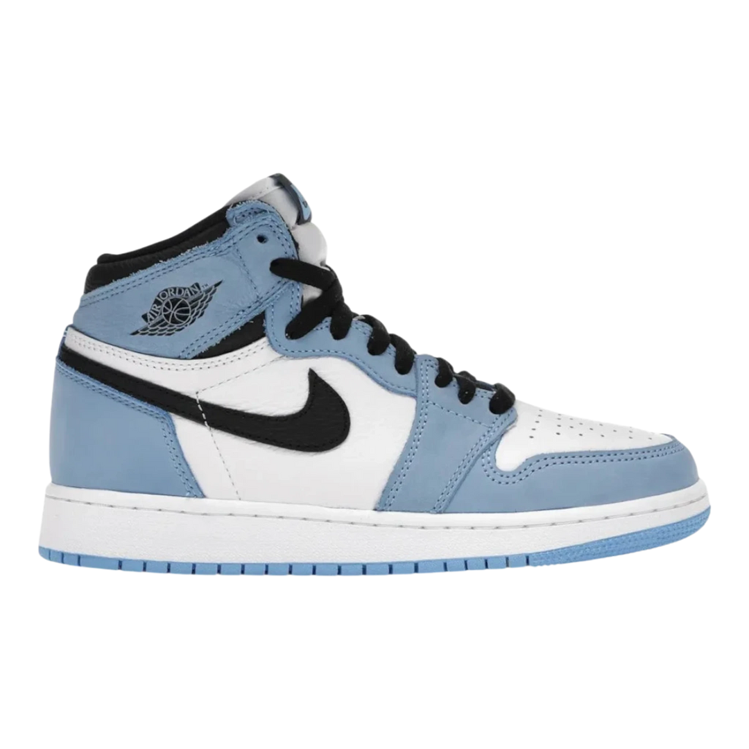 HypeSelection Jordan 1 Retro High OG University Blue GS sneakers with white leather and University Blue suede overlays, black accents.