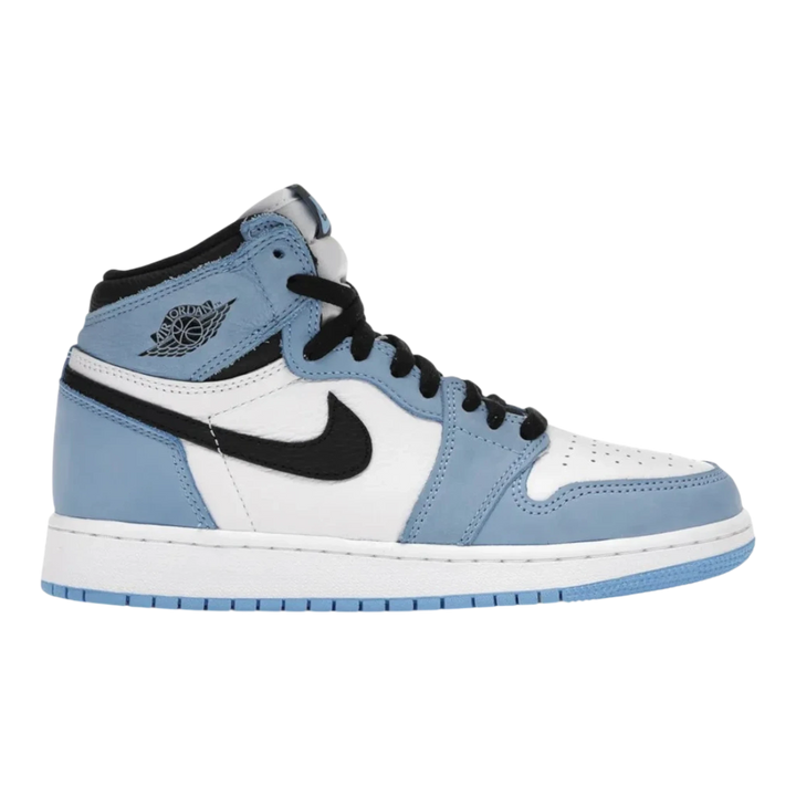 HypeSelection Jordan 1 Retro High OG University Blue GS sneakers with white leather and University Blue suede overlays, black accents.