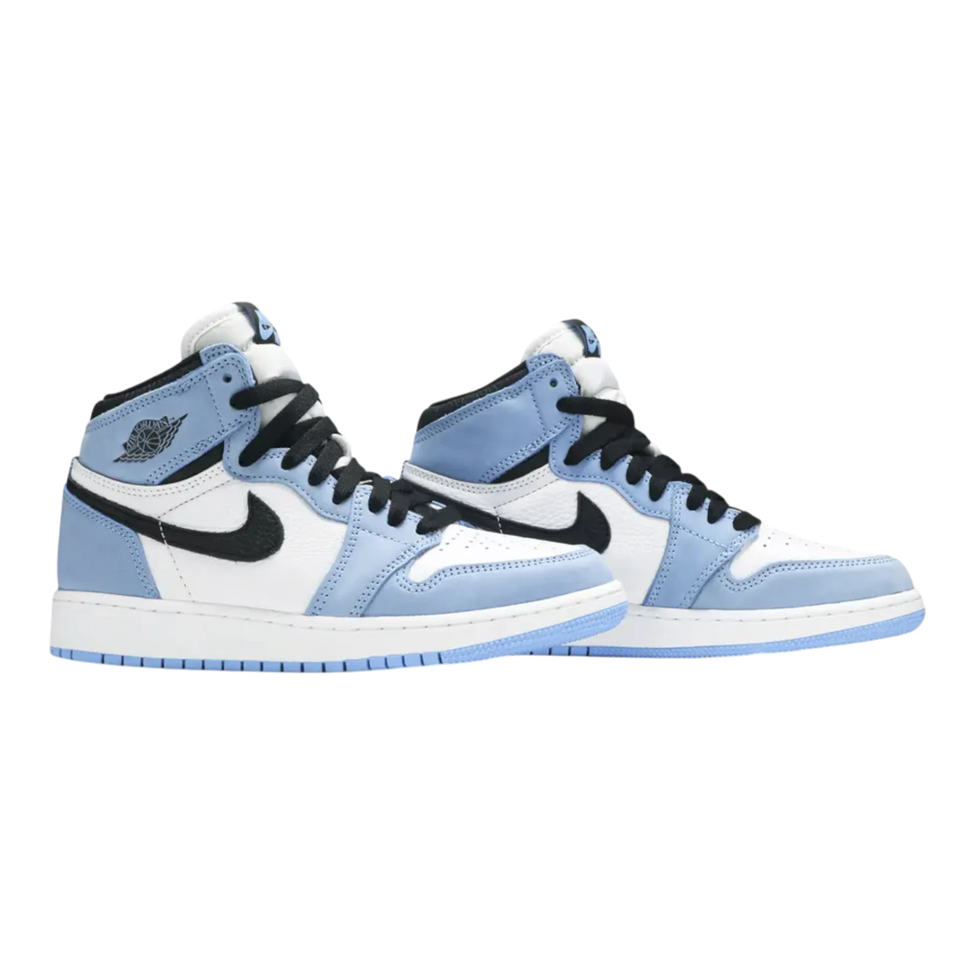 HypeSelection Jordan 1 Retro High OG University Blue GS sneakers with white leather and blue suede overlays, black accents.