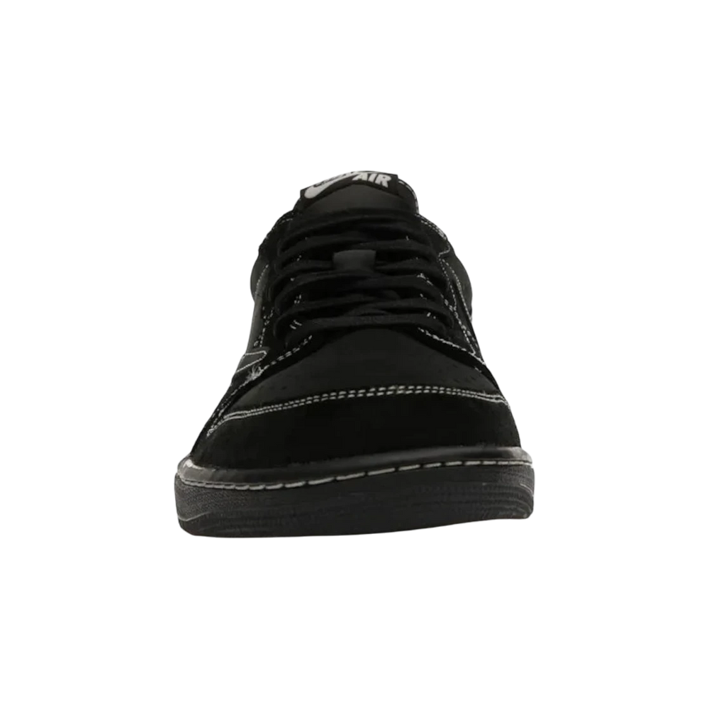 HypeSelection Jordan 1 Retro Low OG SP Travis Scott Black Phantom sneakers with black nubuck and suede upper, white contrast stitching, and Air branding.