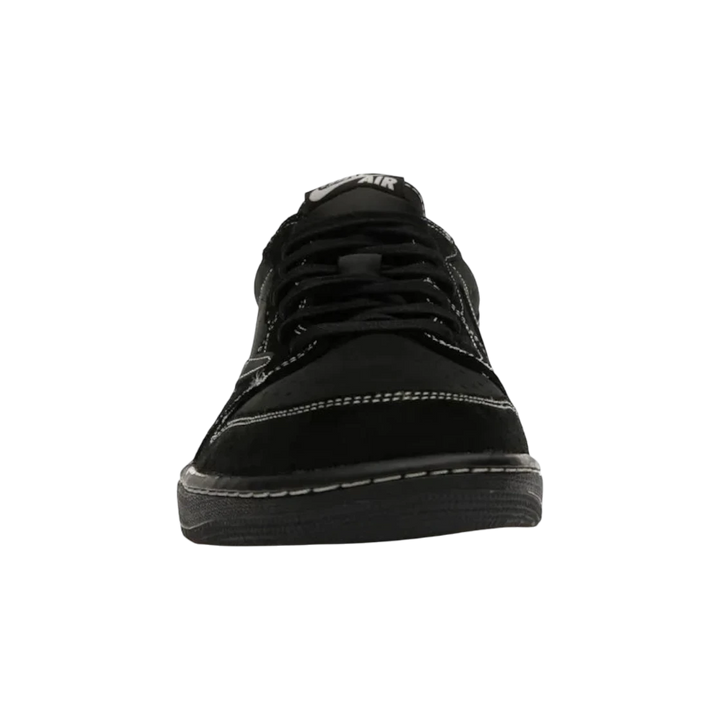 HypeSelection Jordan 1 Retro Low OG SP Travis Scott Black Phantom sneakers with black nubuck and suede upper, white contrast stitching, and Air branding.