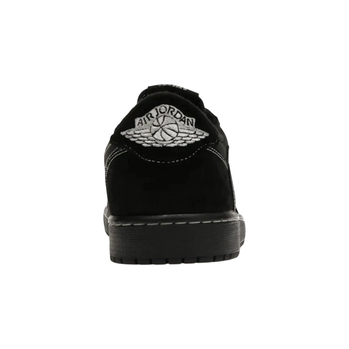 HypeSelection Jordan 1 Retro Low OG SP Travis Scott Black Phantom sneakers with black nubuck and suede, white contrast stitching, and Wings logo.