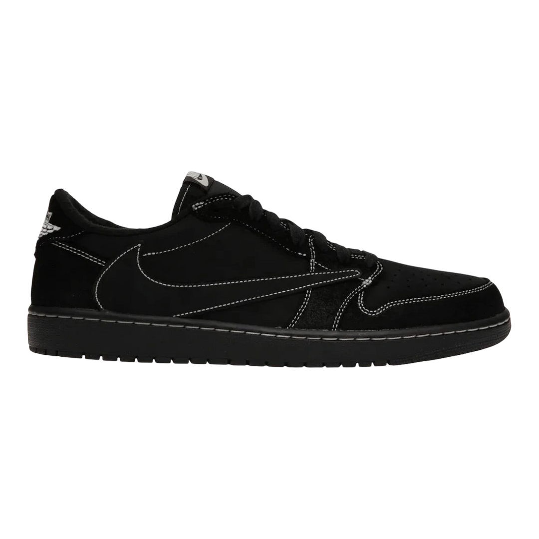 HypeSelection Jordan 1 Retro Low OG SP Travis Scott Black Phantom sneakers with black nubuck and suede upper, white contrast stitching, and reverse Swoosh.