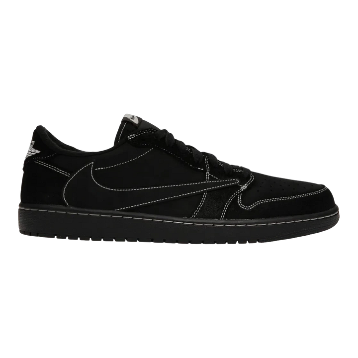 HypeSelection Jordan 1 Retro Low OG SP Travis Scott Black Phantom sneakers with black nubuck and suede upper, white contrast stitching, and reverse Swoosh.