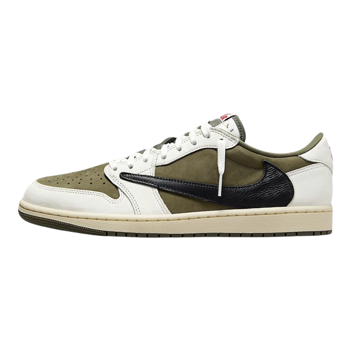 HypeSelection Jordan 1 Retro Low OG SP Travis Scott Medium Olive suede and leather sneakers with black reverse Swoosh.
