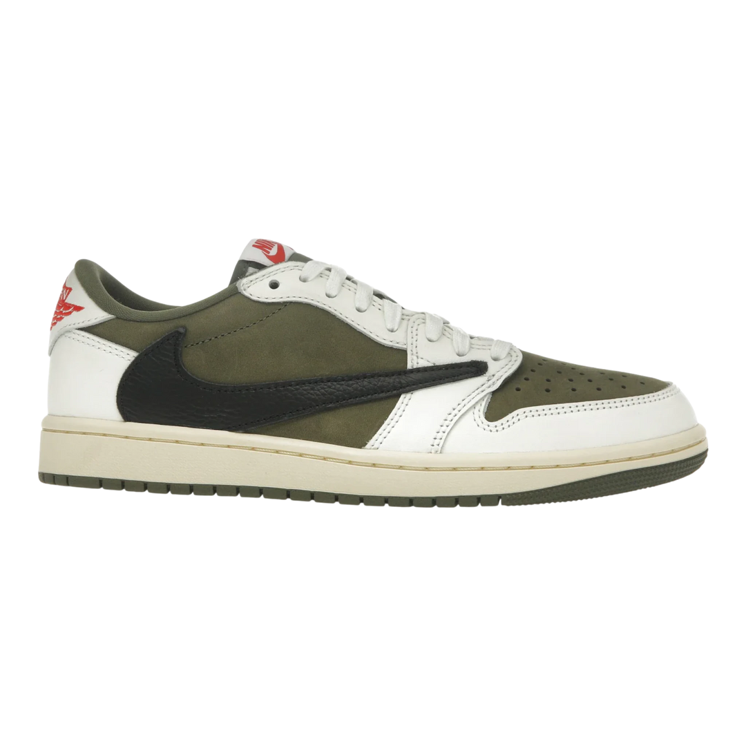 HypeSelection Jordan 1 Retro Low OG SP Travis Scott Medium Olive suede and leather sneakers with black reverse Swoosh.