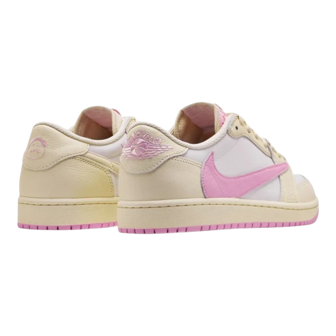 HypeSelection Jordan 1 Retro Low OG SP Travis Scott Shy Pink sneakers with reverse pink Swoosh and sail leather upper