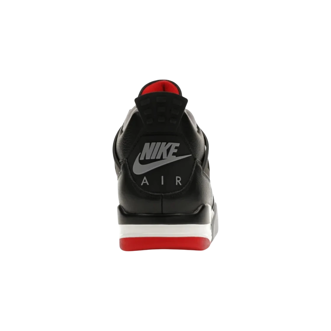 HypeSelection Jordan 4 Retro Bred Reimagined black leather sneakers with Nike Air heel branding and red sole detail.