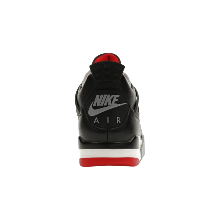HypeSelection Jordan 4 Retro Bred Reimagined black leather sneakers with Nike Air heel branding and red sole detail.