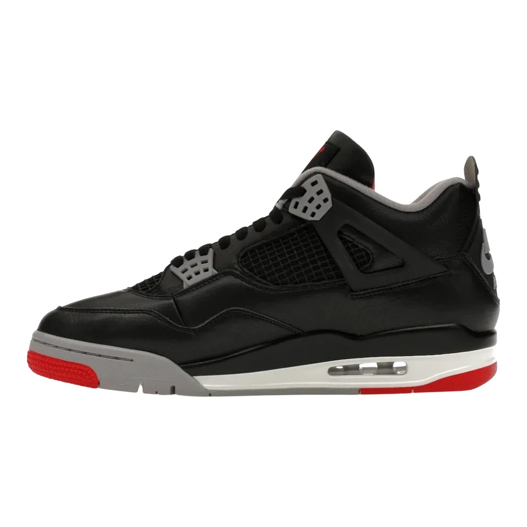 HypeSelection Jordan 4 Retro Bred Reimagined sneakers in black leather with grey and red accents. Features mesh panels and visible Air cushioning.