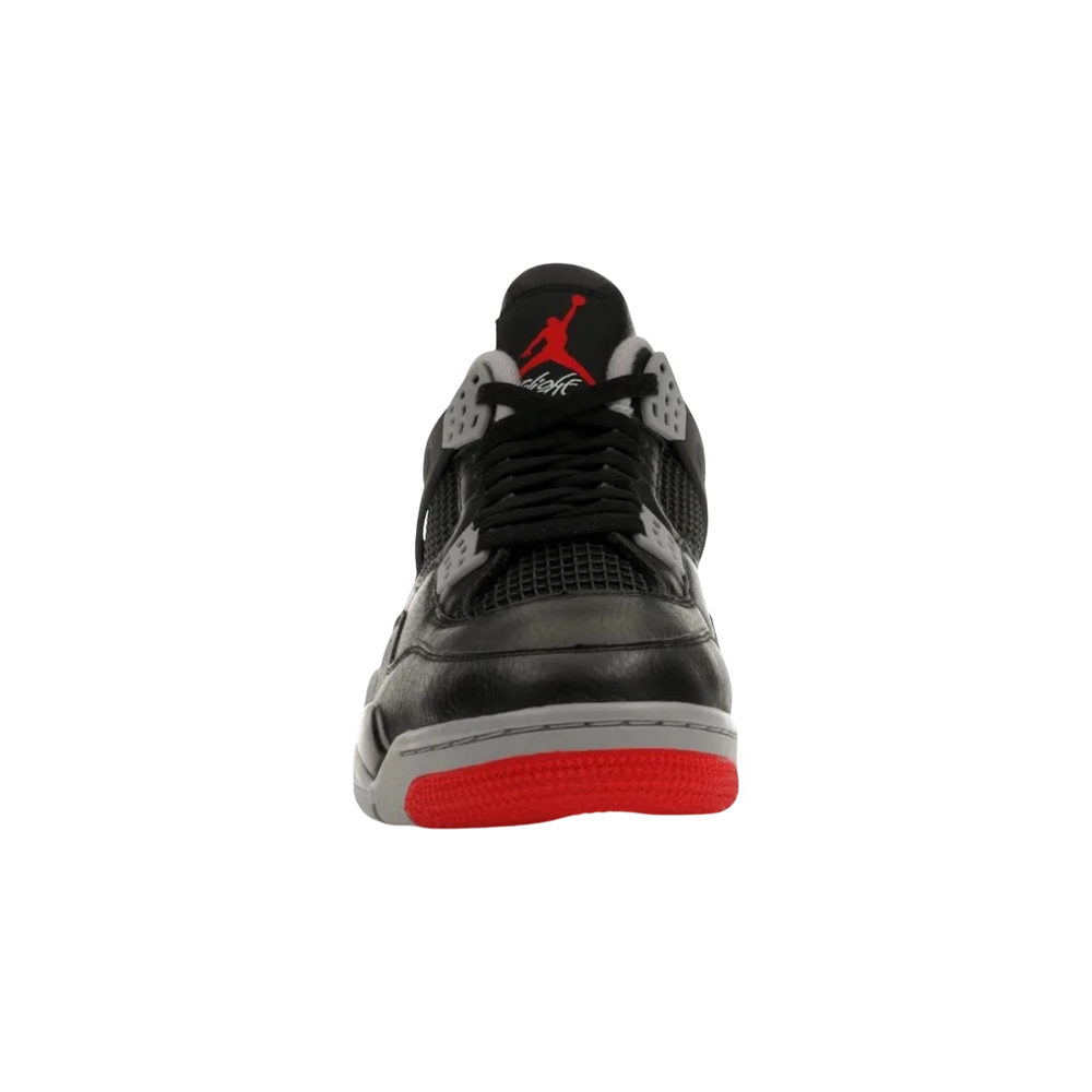 HypeSelection Jordan 4 Retro Bred Reimagined sneakers in black leather with red and grey accents. Features mesh panels and visible Air cushioning.