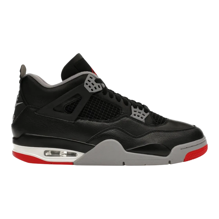 HypeSelection Jordan 4 Retro Bred Reimagined sneakers in black leather with grey and red accents, mesh panels, and visible Air unit.