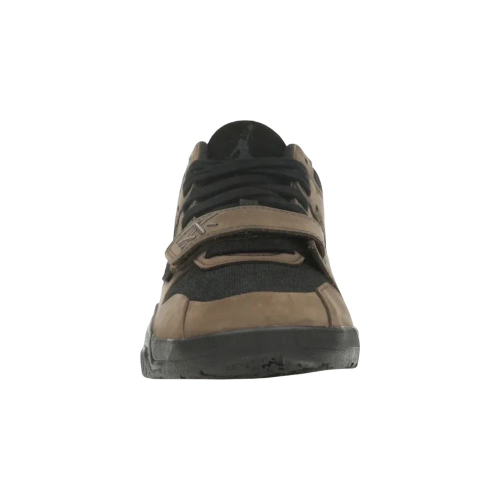 HypeSelection Jordan Jumpman Jack TR Travis Scott Dark Mocha sneakers with black canvas and mocha suede overlays, featuring a forefoot strap.