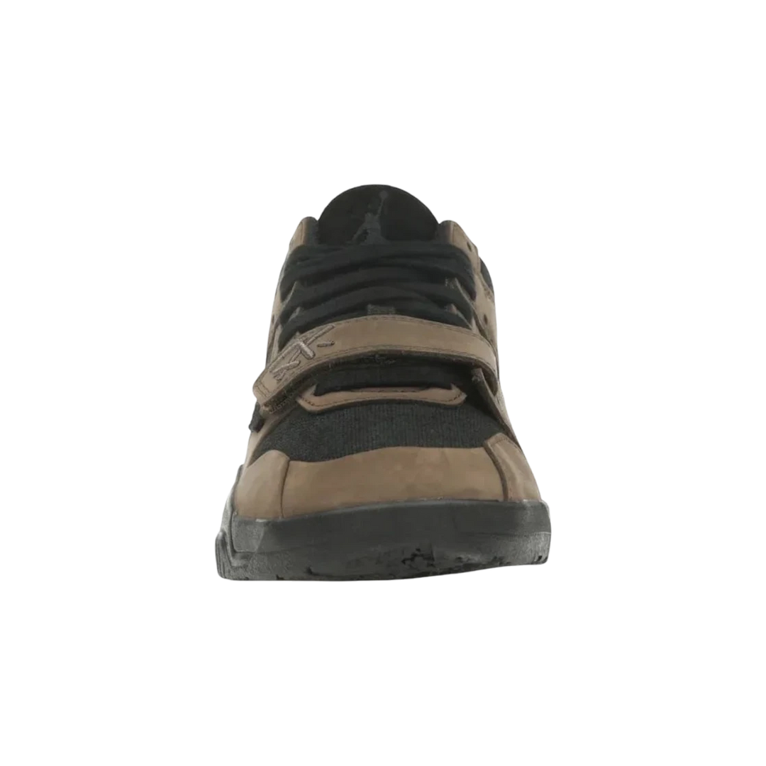 HypeSelection Jordan Jumpman Jack TR Travis Scott Dark Mocha sneakers with black canvas and mocha suede overlays, featuring a forefoot strap.