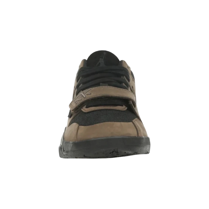 HypeSelection Jordan Jumpman Jack TR Travis Scott Dark Mocha sneakers with black canvas and mocha suede overlays, featuring a forefoot strap.