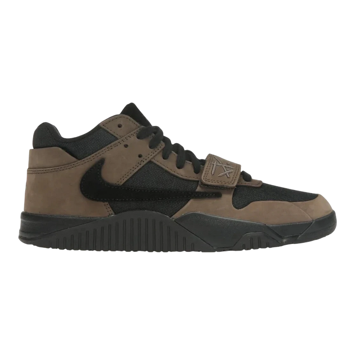 HypeSelection Jordan Jumpman Jack TR Travis Scott Dark Mocha sneakers with black canvas and mocha suede overlays, featuring a reverse Swoosh and forefoot strap.